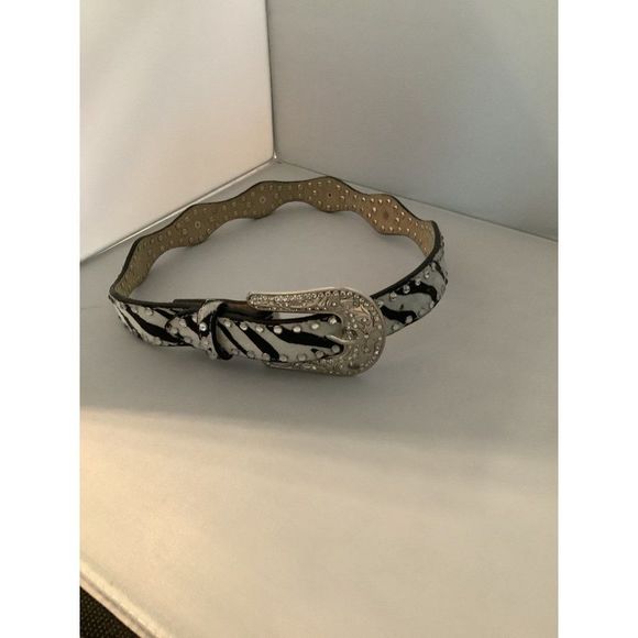 Nocona Zebra Print Genuine Leather Rhinestone Studded Belt Sz. W 30 in. - Picture 1 of 3